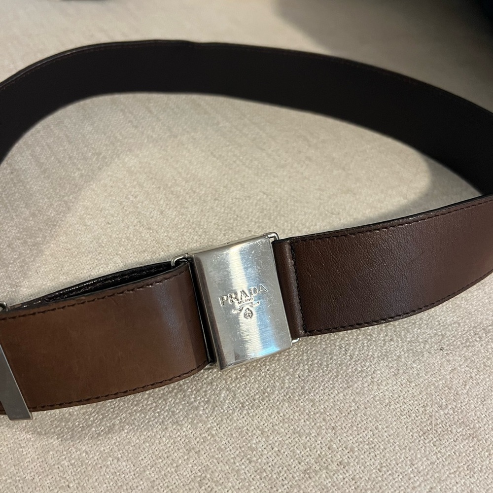 Prada Dark Brown Adjustable Leather Belt with Silver Buckle Logo Clasp - Picture 6 of 7
